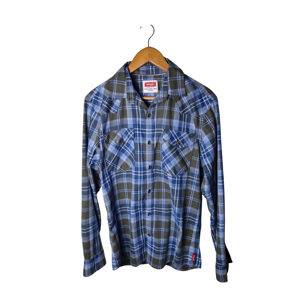 Wrangler Mens Western Plaid Long Sleeve Button Down Shirt Blue Olive Green Small